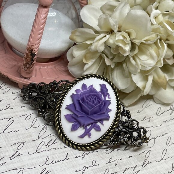 Purple White Rose Cameo Flower Anniversary Wedding Pin Hair Clip Jewelry Comb - Picture 4 of 11